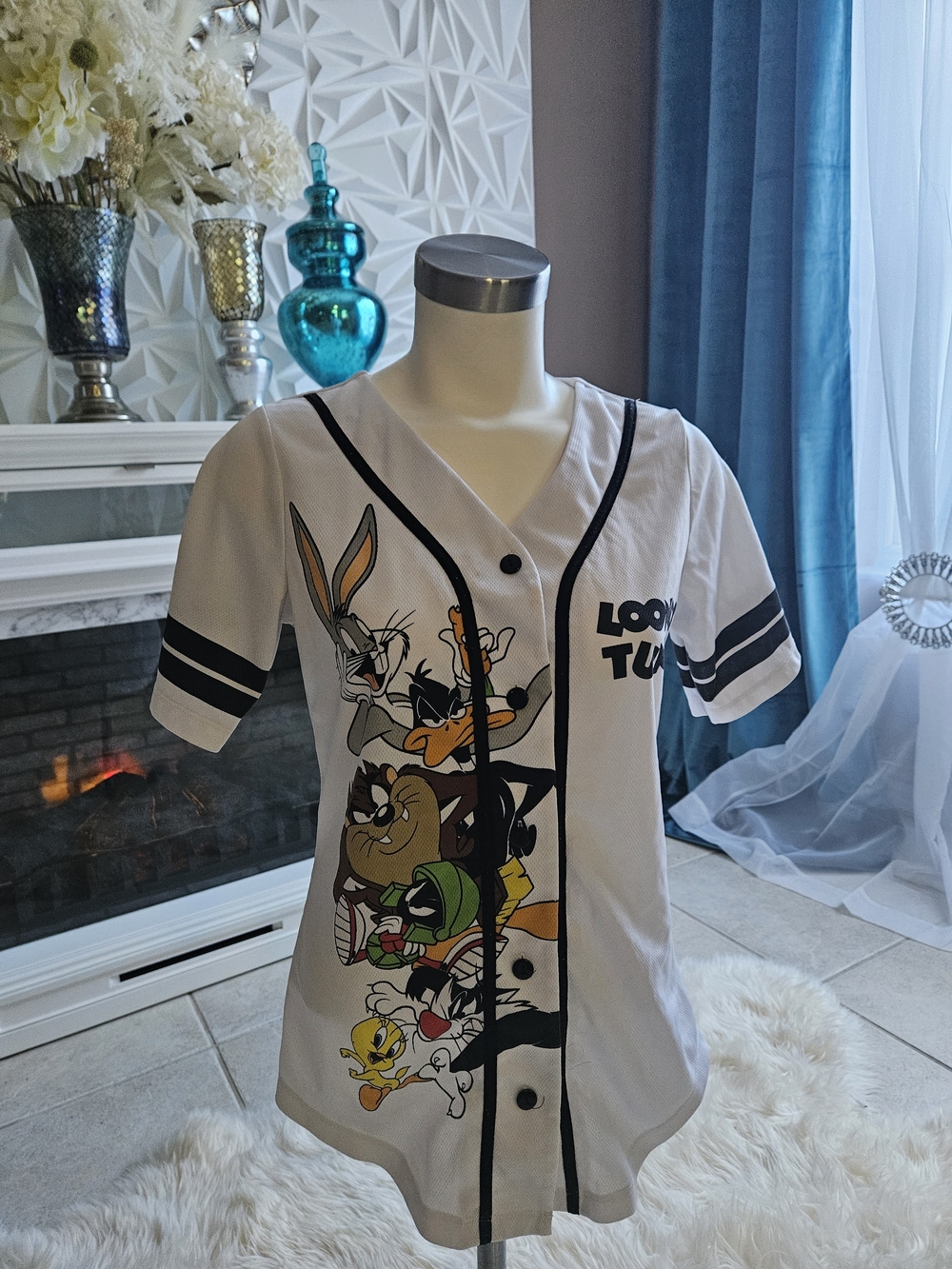 Looney Tunes White Kids Baseball Jersey with Character Print
